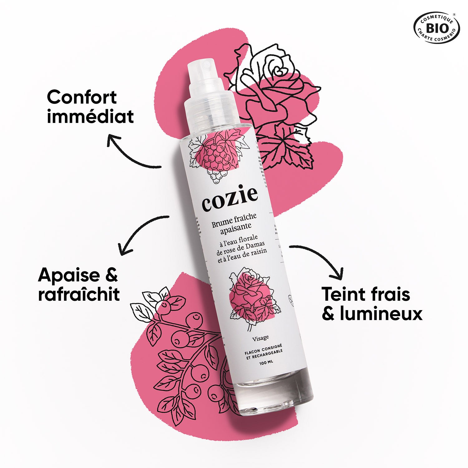 Brume fraîche apaisante à l’eau florale de rose et à l’eau de raisin