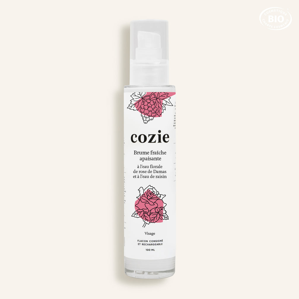 Brume fraîche apaisante à l’eau florale de rose et à l’eau de raisin