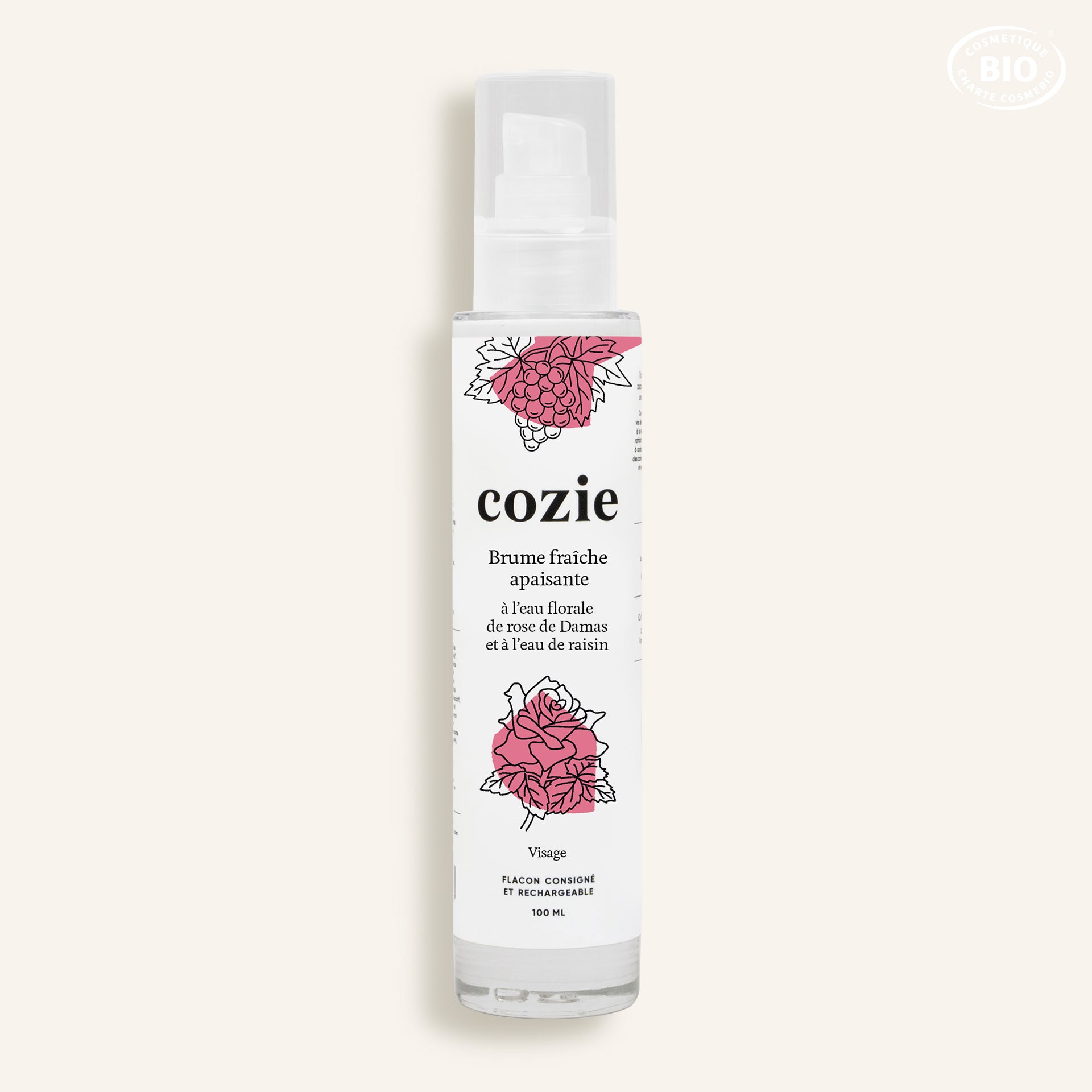 Brume fraîche apaisante à l’eau florale de rose et à l’eau de raisin